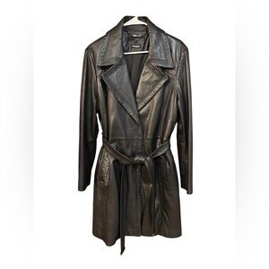 Wilsons Leather Black Leather Tie Trench Coat
